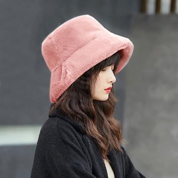 【幸福揚邑】韓版時尚保暖毛絨漁夫帽盆帽平頂帽-粉