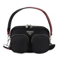 PRADA Nylon Cargo 尼龍雙口袋三角LOGO 肩背斜背包(黑/紅)