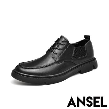【Ansel】真皮質感車線織帶拼接時尚牛津紳士休閒鞋 黑