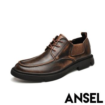 【Ansel】真皮質感車線織帶拼接時尚牛津紳士休閒鞋 棕