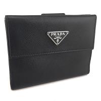 PRADA 三角牌黑色斜紋牛皮三卡零錢袋短夾(展示品)