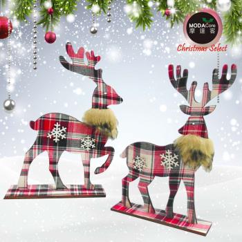 摩達客 木質蘇格蘭格紋風彩繪聖誕擺飾(麋鹿一對組/兩入組合)