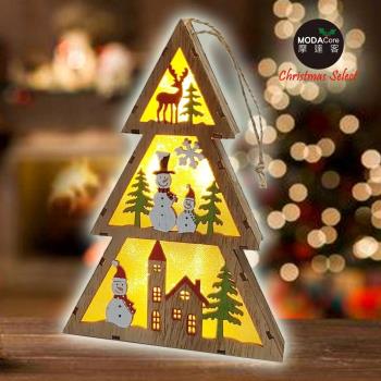 摩達客 木質製彩繪聖誕樹造型LED夜燈擺飾(雪人款/電池燈)