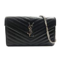 【YSL】V字縫線牛皮銀logo銀鍊斜肩/手拿包(377828-黑)