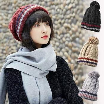 【幸福揚邑】條紋毛球雙層保暖護耳小顏針織毛線帽-四色可選