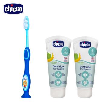chicco-兒童木醣醇含氟牙膏50ml*2+成長牙刷-顏色隨機