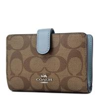 COACH 緹花LOGO防刮皮革釦式中夾-蒼白藍