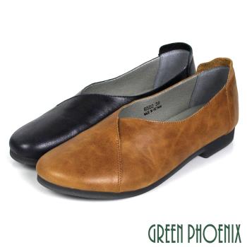 GREEN PHOENIX 女 低跟鞋 包鞋 V型剪裁 全真皮 粗跟 通勤 上班U60-26502