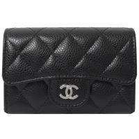 CHANEL A80799 經典雙C LOGO粒紋牛皮名片零錢夾.黑