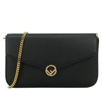 FENDI 小牛皮金屬LOGO可拆式手拿素面斜背包(黑)