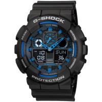 CASIO G-SHOCK 重型機械感立體3D錶盤雙顯腕錶-黑x藍(GA-100-1A2)