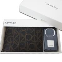 【CK】Calvin Klein 男皮夾 短夾 簡式雙鈔夾 CK壓紋+CK鑰匙圈套組 品牌盒裝+原廠提袋/咖色