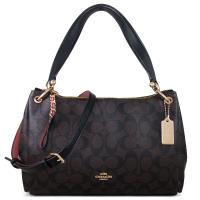 COACH 馬車LOGO PVC皮革鏈帶拉鍊手提肩背兩用包(咖黑色)