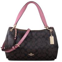 COACH 馬車LOGO PVC皮革鏈帶拉鍊手提肩背兩用包(咖紫色)