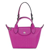 LONGCHAMP LE MINI PLIAGE CUIR系列鱷魚紋牛皮短把摺疊肩背/手提兩用水餃包(桃粉)
