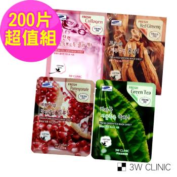 韓國3W CLINIC 膠原撫紋保濕嫩白-100%純棉保濕面膜200片超值組 (膠原、紅石榴、紅蔘、綠茶各50片)