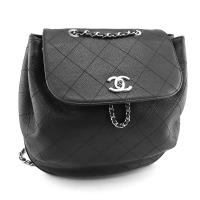 CHANEL 黑色荔枝牛皮銀鍊翻蓋後背包(展示品)
