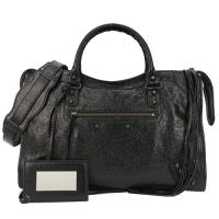 BALENCIAGA巴黎世家 CLASSIC CITY 小羊皮銅釦手提斜背機車包(大黑/長斜揹帶)