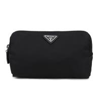 PRADA TESSUTO 銀色三角LOGO尼龍手拿化妝萬用包(黑色)