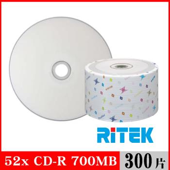 RITEK錸德 52X CD-R白金片 珍珠白滿版可列印/300片裸裝