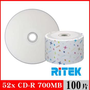 RITEK錸德 52X CD-R白金片 珍珠白滿版可列印/100片裸裝