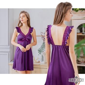 大尺碼Annabery 典雅深紫蕾絲柔緞性感連身睡衣裙