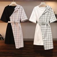 【KVOLL】青春減齡印花格子同色收腰腰帶洋裝L-4XL(共二色)