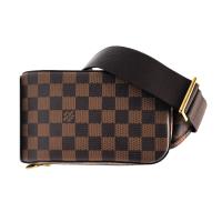 【Louis Vuitton】展示品 經典Damier棋盤格帆布牛皮飾邊斜背胸口包(咖)
