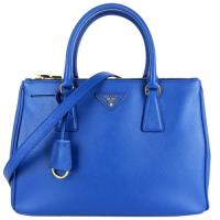 PRADA Saffiano Lux防刮牛皮雙拉鍊手提/斜背兩用殺手包(中藍)