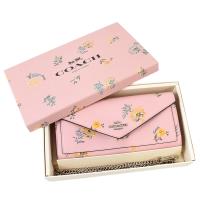 COACH 蒲公英防刮皮革翻蓋信封斜背長夾禮盒-粉色