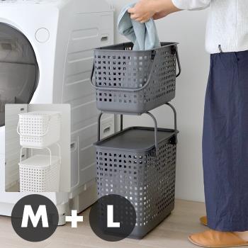 日本 Like-it [窄款]隙縫型多功能可堆疊含蓋洗衣籃二層組(輪子顏色隨機)