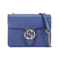 GUCCI 金屬LOGO壓釦鍊帶斜背包(藍色)
