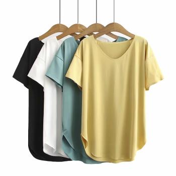麗莎熊 LisaBear 大尺碼Ｖ領純色簡約彈力冰彈力涼感薄Ｔ恤上衣 XL~4XL 四色可選