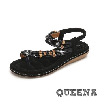 【QUEENA】復古水鑽串珠繩飾趾環造型平底羅馬涼鞋 黑