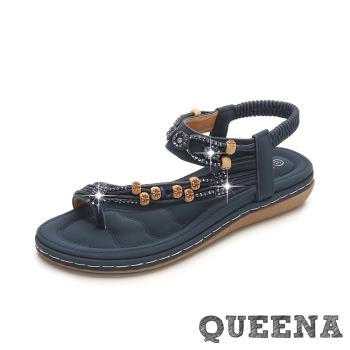 【QUEENA】復古水鑽串珠繩飾趾環造型平底羅馬涼鞋 藏青