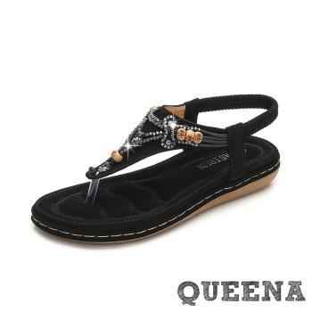 【QUEENA】波希米亞民族風美鑽串珠T字夾腳舒適厚底涼鞋 黑