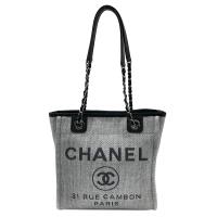 【CHANEL】大雙C logo沙灘帆布肩背包(灰)