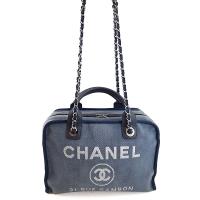CHANEL 藍色牛仔帆布銀鍊白色LOGO手提肩背波士頓包(展示品)