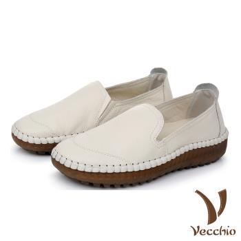 【Vecchio】真皮頭層牛皮復古手工縫線舒適軟底樂福鞋 白
