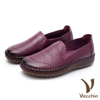 【Vecchio】真皮頭層牛皮復古手工縫線舒適軟底樂福鞋 酒紅