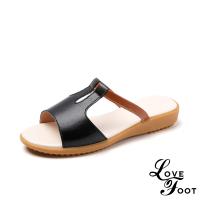 【LOVE FOOT 樂芙】真皮時尚百搭線條縷空造型坡跟拖鞋 黑