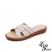 【LOVE FOOT 樂芙】真皮復古簡約線條花結造型舒適平底拖鞋 米
