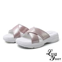 【LOVE FOOT 樂芙】真皮金屬牛皮時尚交叉厚底休閒拖鞋 粉