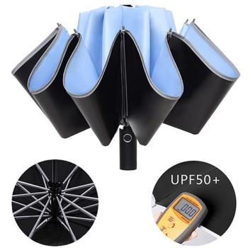 幸福揚邑 抗UV降溫10骨防強風防潑水反光條大傘面全自動UPF50+反向晴雨折疊傘-淺藍