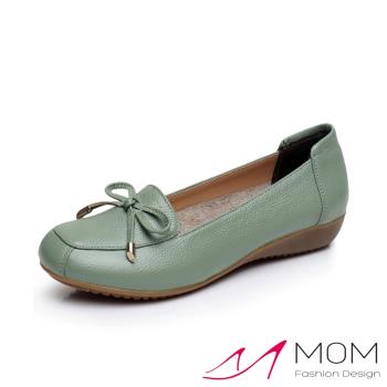 【MOM】真皮頭層牛皮氣質蝴蝶結飾軟底舒適坡跟鞋 綠