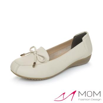 【MOM】真皮頭層牛皮氣質蝴蝶結飾軟底舒適坡跟鞋 米
