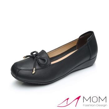 【MOM】真皮頭層牛皮氣質蝴蝶結飾軟底舒適坡跟鞋 黑