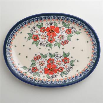 波蘭陶 紅白彩卉系列 橢圓形餐盤 29cm 波蘭手工製