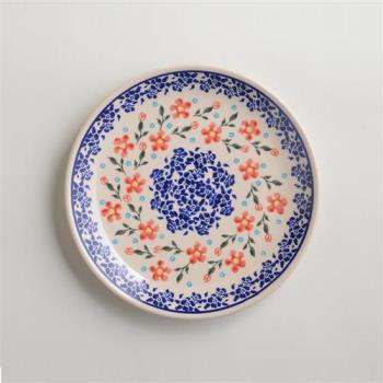 波蘭陶 藍印紅花系列 淺底圓形餐盤 19cm 波蘭手工製