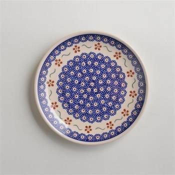波蘭陶 紅點藍花系列 淺底圓形餐盤 19cm 波蘭手工製